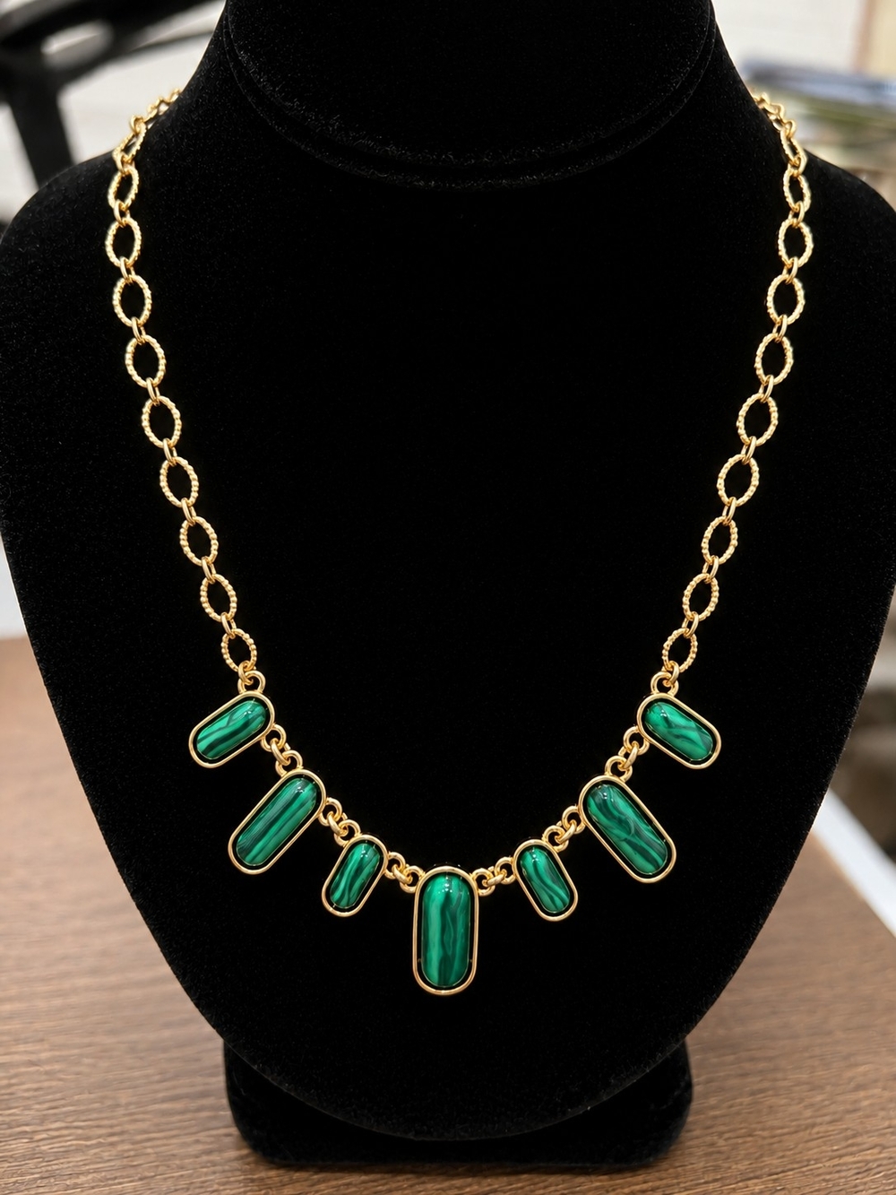 Gold Tone Green Accent Statement Necklace